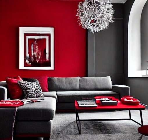 grey and red color combination interior design