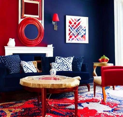 navy blue and red color combination interior design