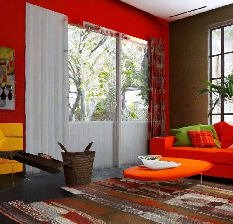 salsa red and zesty orange color combination interior design