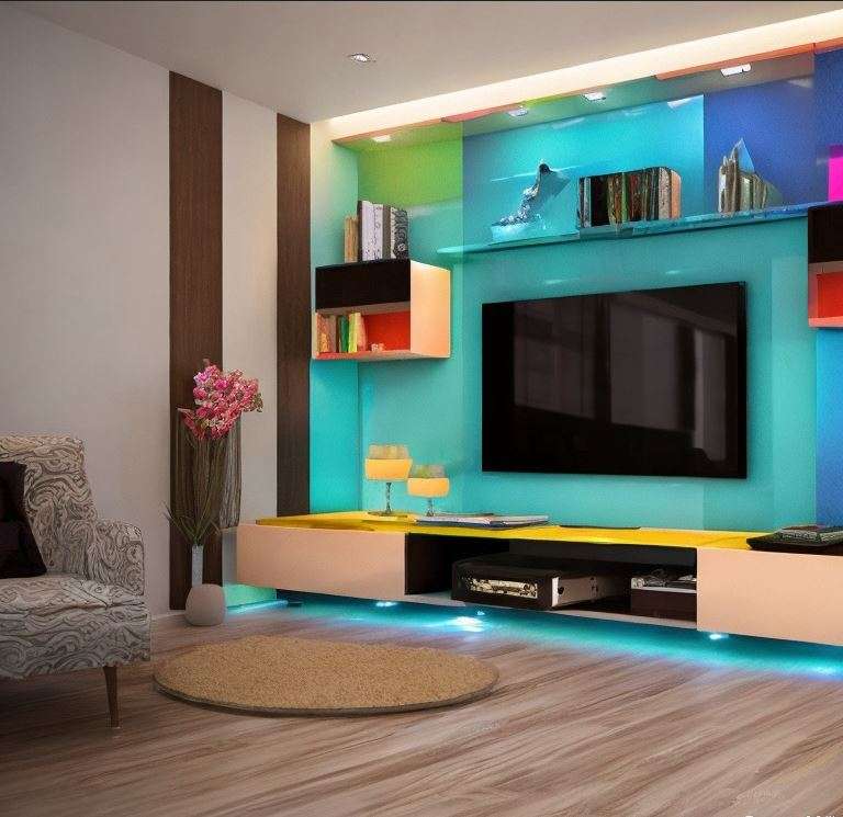 tv unit design with a splash of colours