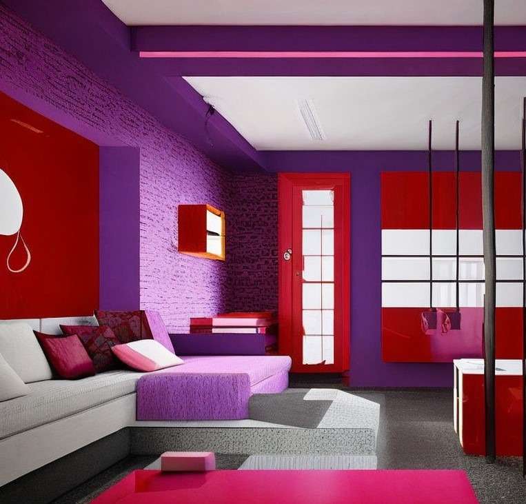 violet and red color combination interior design