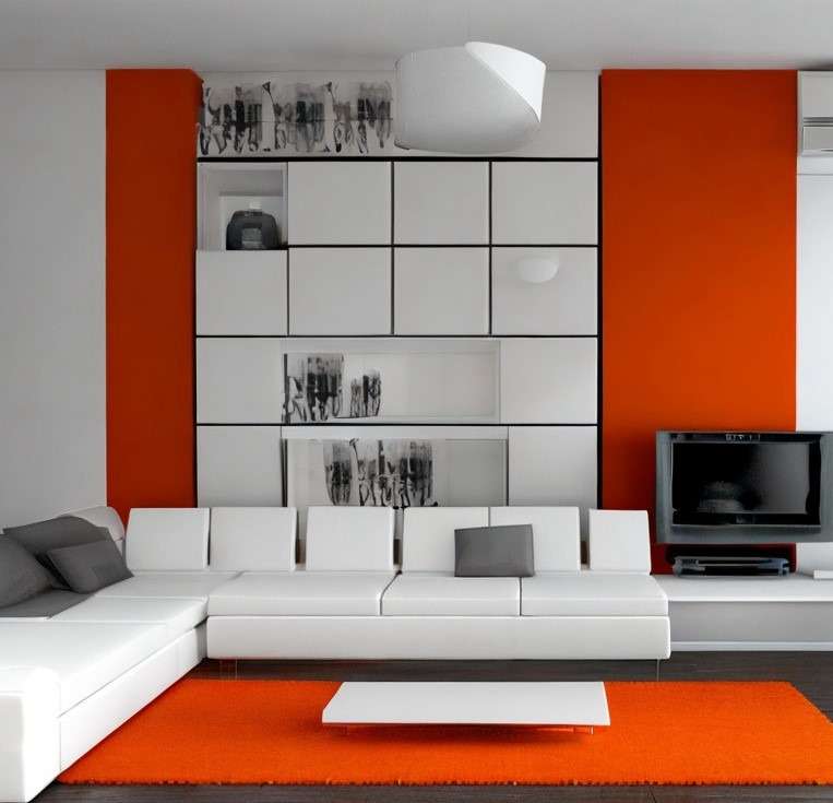 white and orange living room clur cmbintin