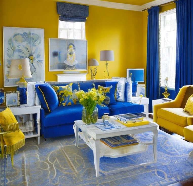 yellow and blue living room clur cmbintin