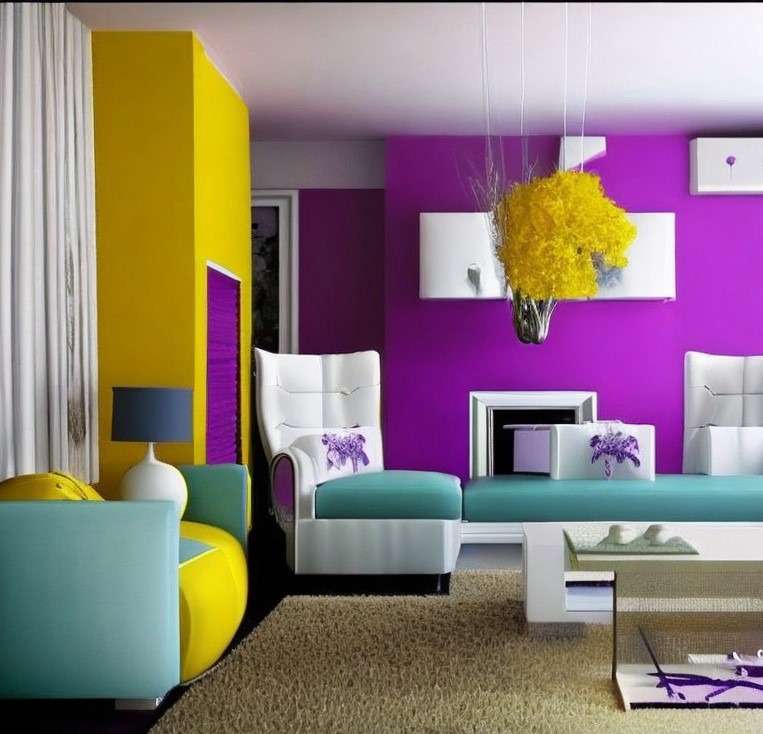 yellow and purple living room clur cmbintin