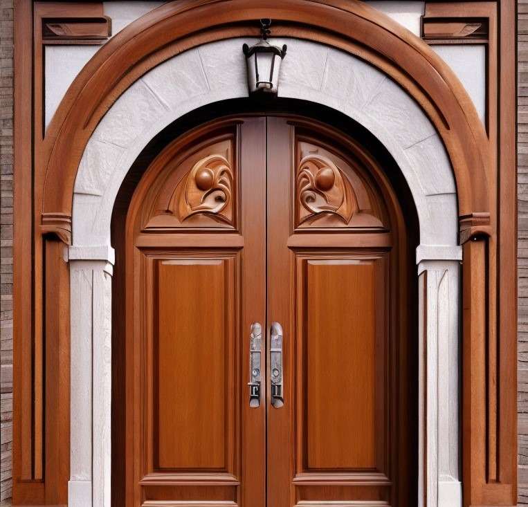 Arch wooden double door design in the style of dadaism
