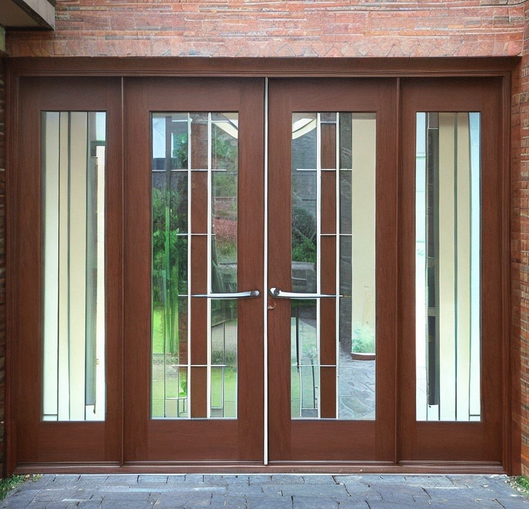 Double door design flanked by glass panes