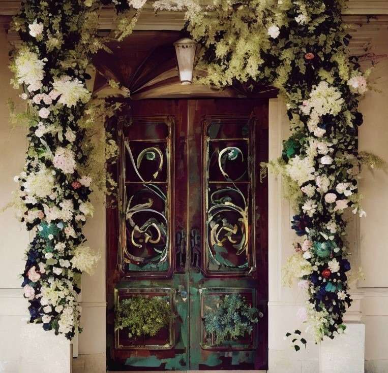 Double door design with fabrics and flowers on the cover of vogue