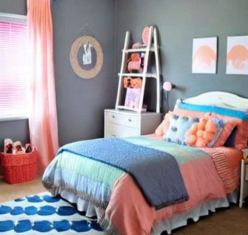 Peach colour combination for kids bedroom with grey and blue
