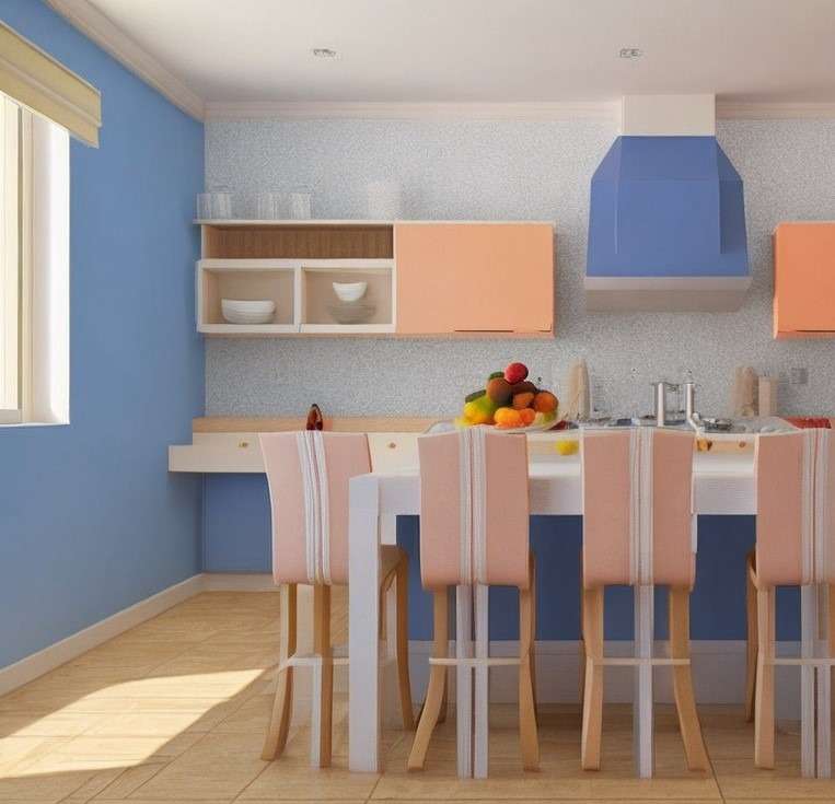 Peach colour wallpaint combination for kitchen with blue wall