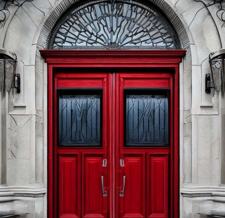 Red iron double door design in cinematic style