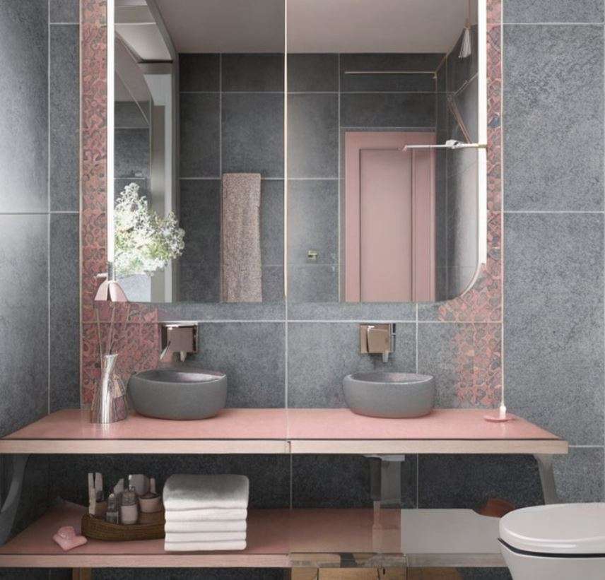 Soft Grey and Blush Bathroom Tiles Design Combination