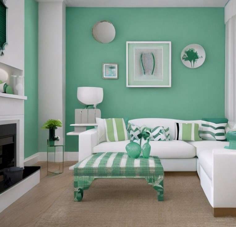 White & Mint Green Living Room Wall Painting Ideas