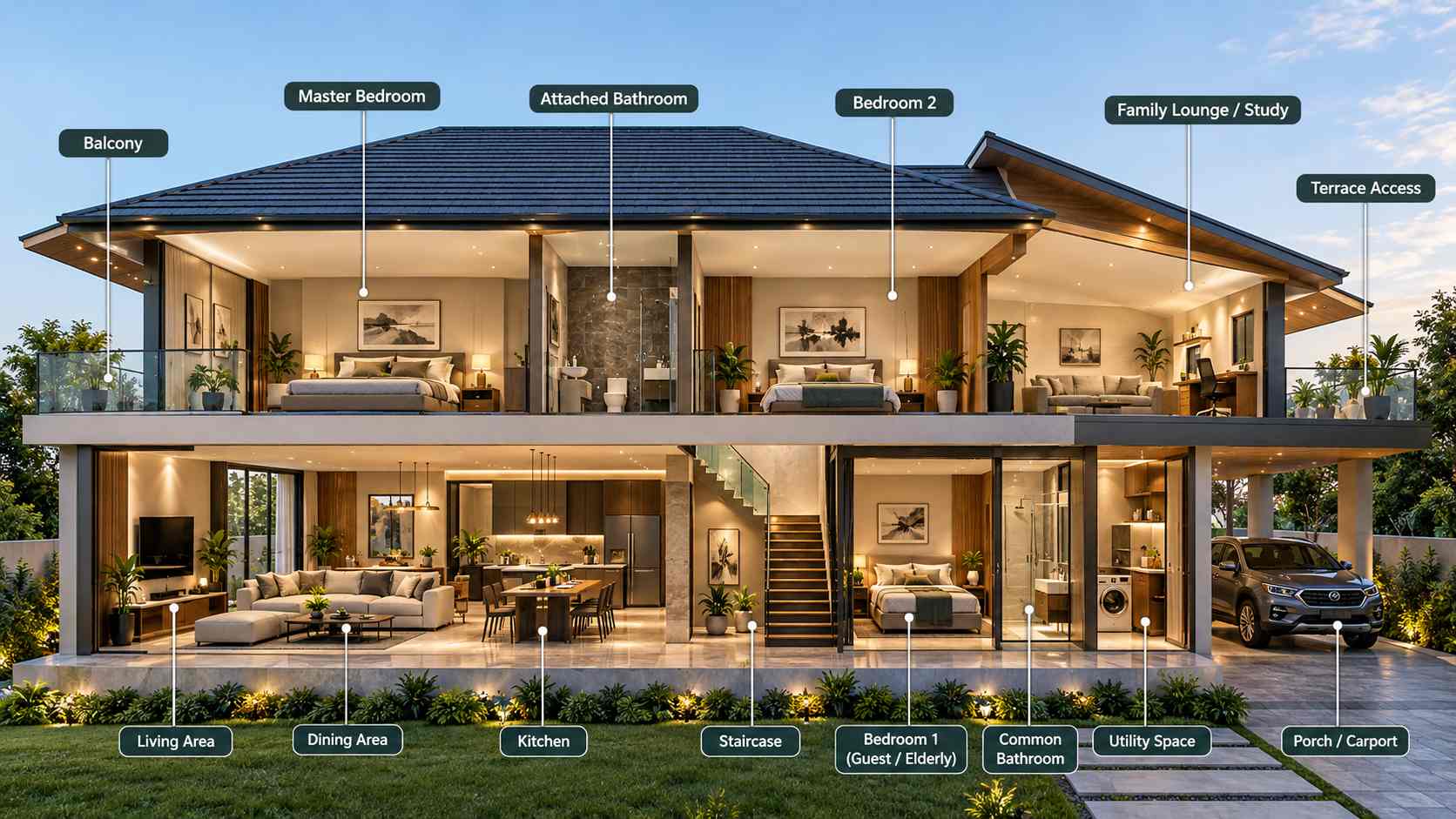 two storey house rooms