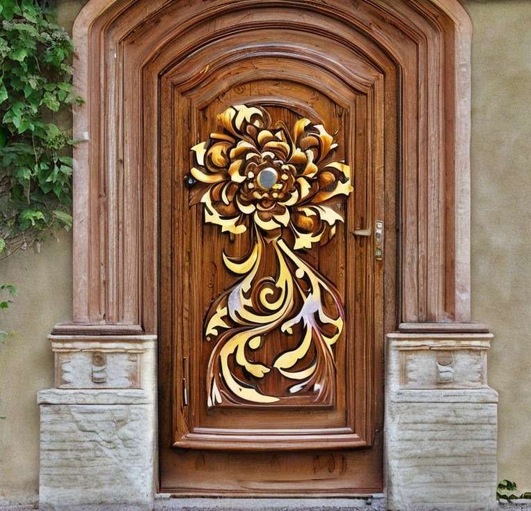 Curved Wood Door with Abstract Flowers