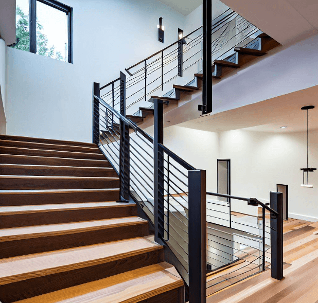 Metal Blended With Wood Stairs Railing Design 