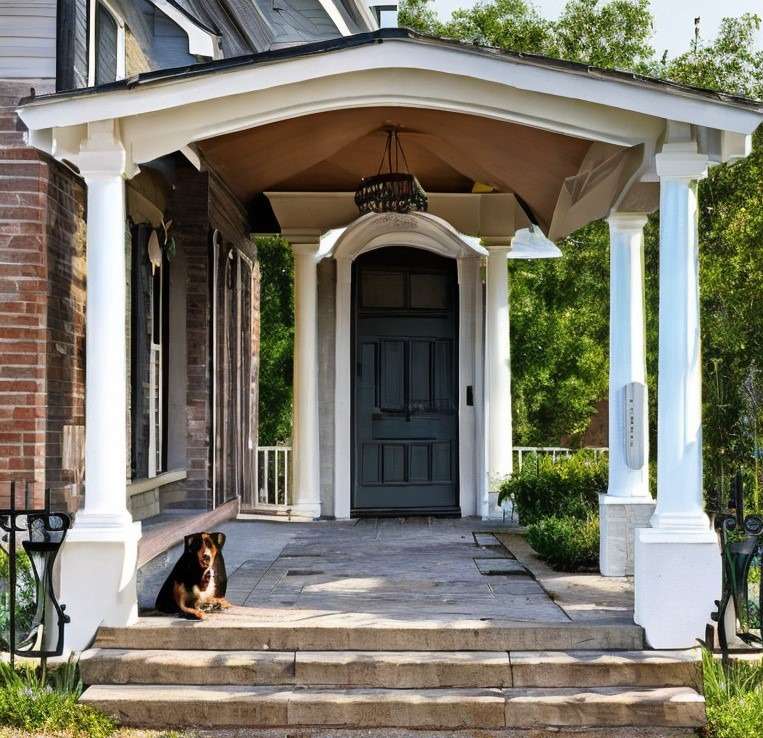 Pillars on the entrance of a housewith a beautiful porch and pets
