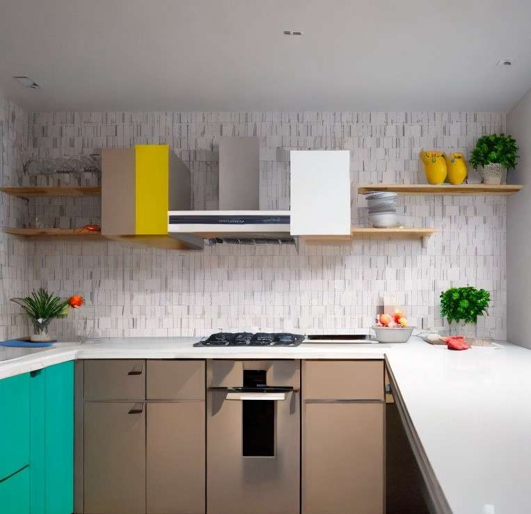 Small kitchen design with pop of colour