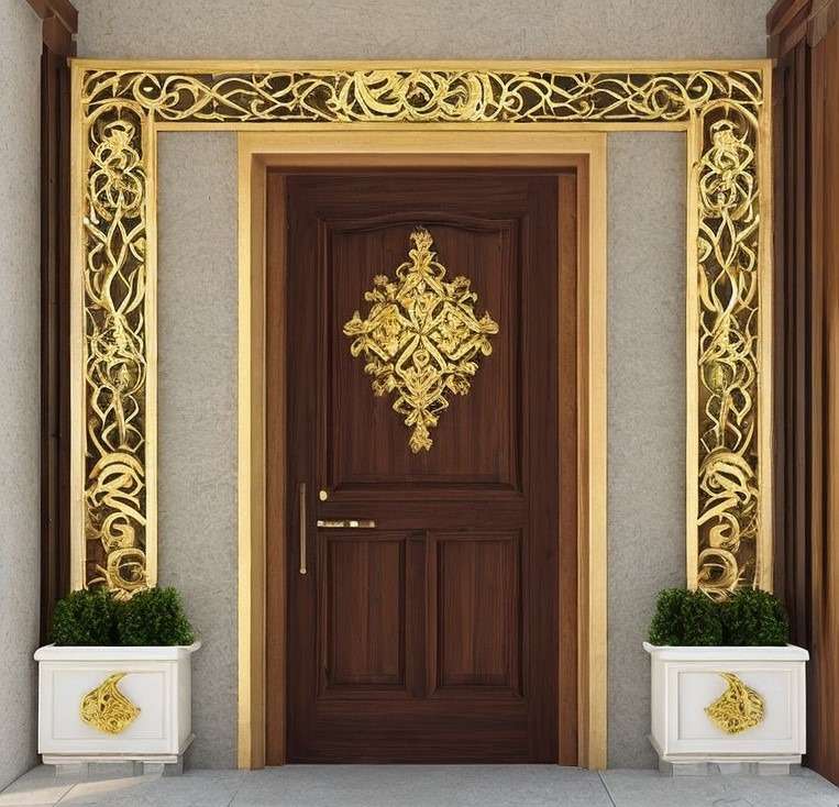 The Corner of Your Wooden Entrance Door Should Include Some Golden Motifs