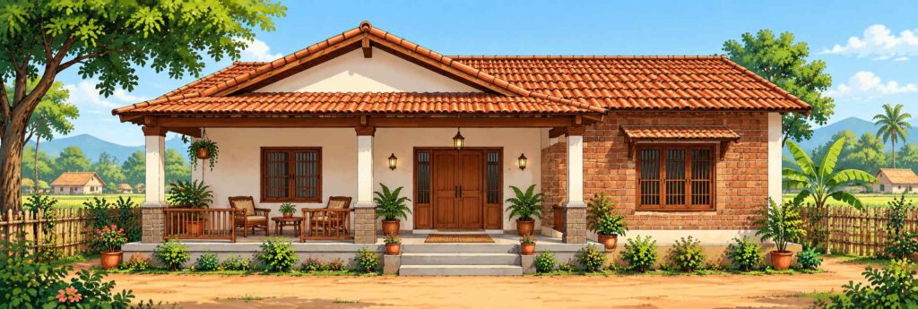 Village single floor home front design with porch