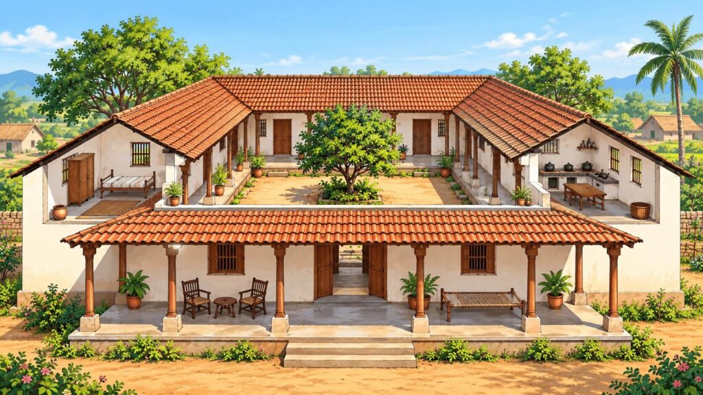 Village house design verandah and central courtyard