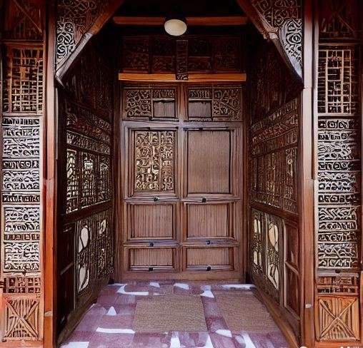 intricate wooden entrance of a house in kerala