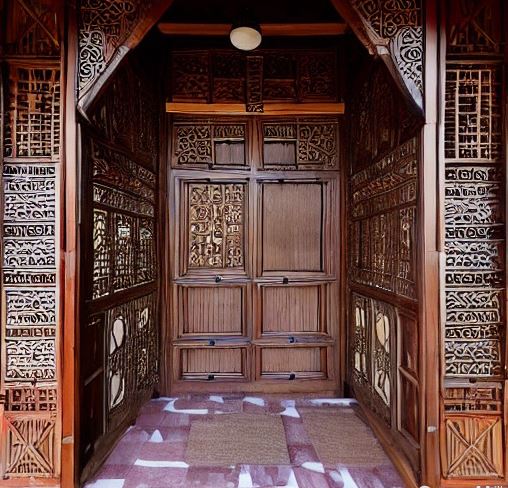 intricate wooden entrance of a house in kerala