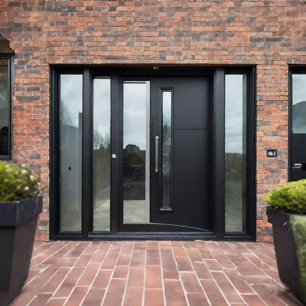 Black Aluminium Entrance Door with Glass Frame on Brick Wall