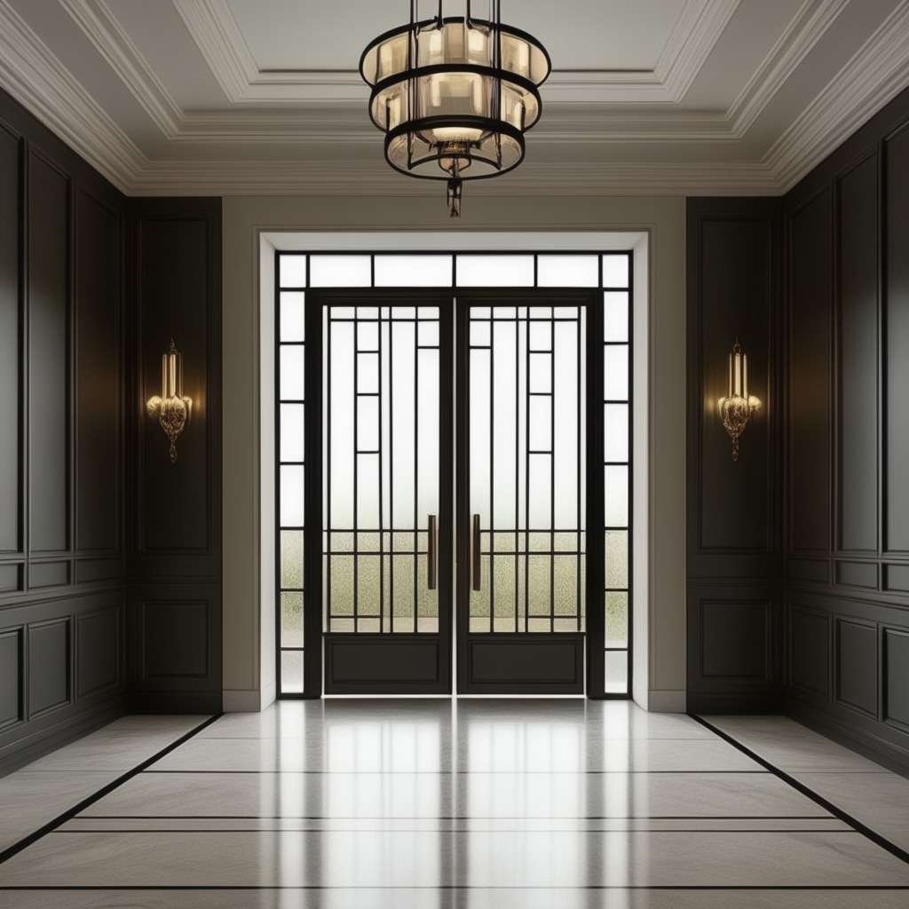Glass and Metal Frame Main Hall Double Door Design - Industrial Elegance