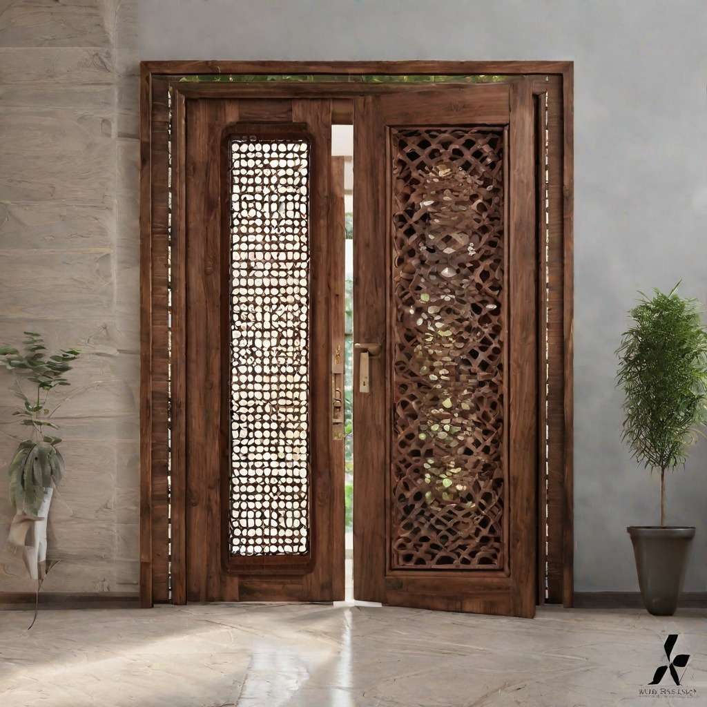 Panelled Wooden Jali Door Design with a Glass Insert 
