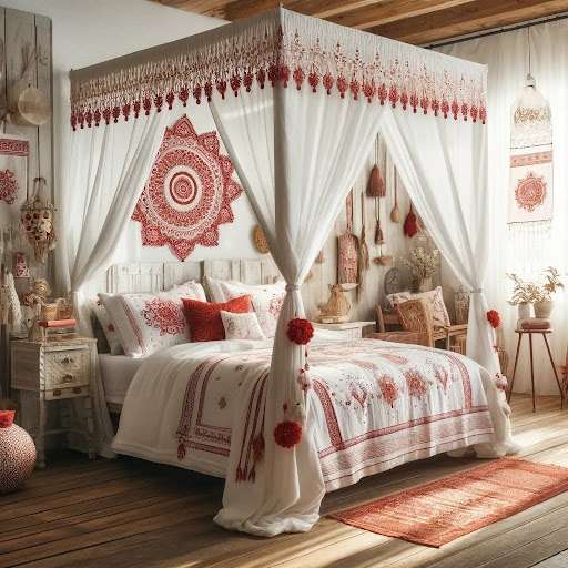 Bohemian Canopy Bed in White and Red