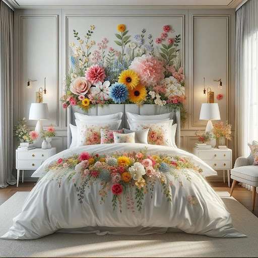 White Bed Decorated with Spring Flowers