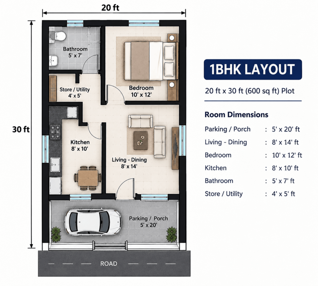 1BHK floor plan for a 20x30 house with parking, living-dining, bedroom, kitchen and bathroom