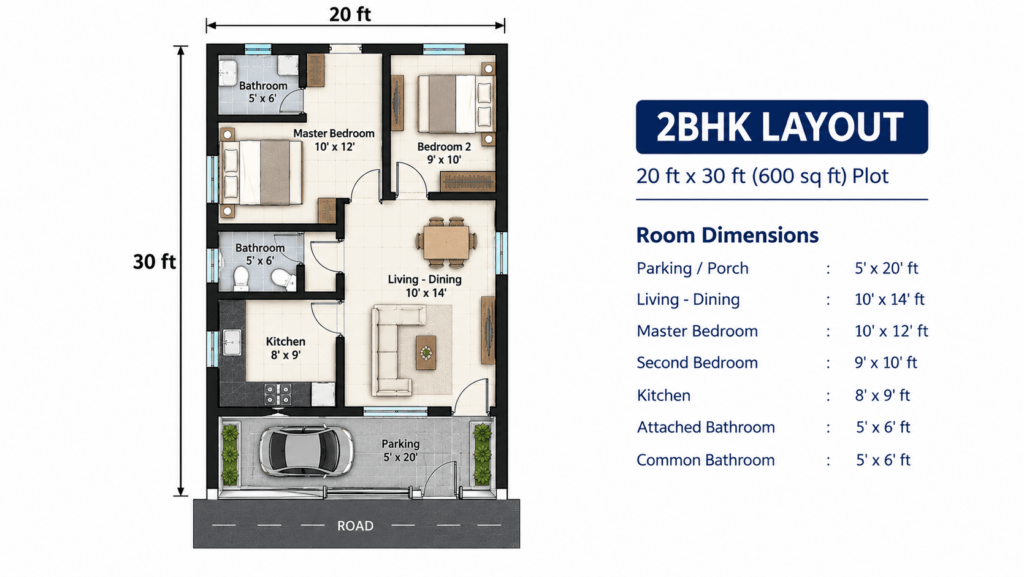 2BHK floor plan for a 20x30 house showing two bedrooms, two bathrooms and kitchen layout