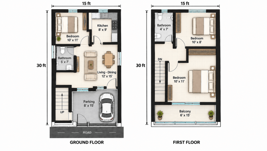 15 x 30 two floor house plan ground and first floor layout