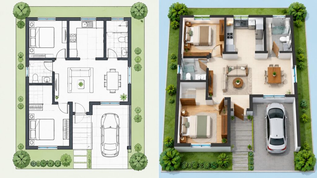 2D floor plan versus 3D floor plan comparison