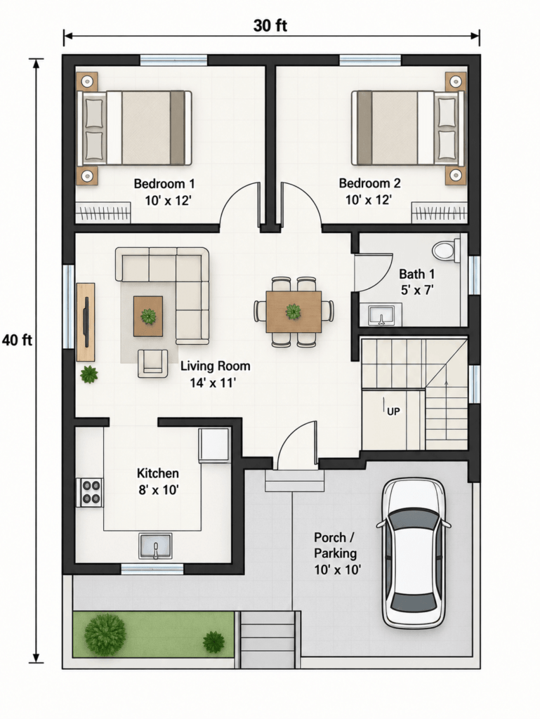 2BHK 30x40 house plan floor layout