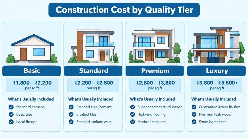 Construction cost in Bangalore quality tier comparison chart