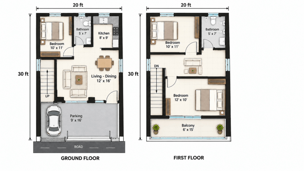 G+1 duplex floor plan for a 20x30 plot with ground and first floor layouts