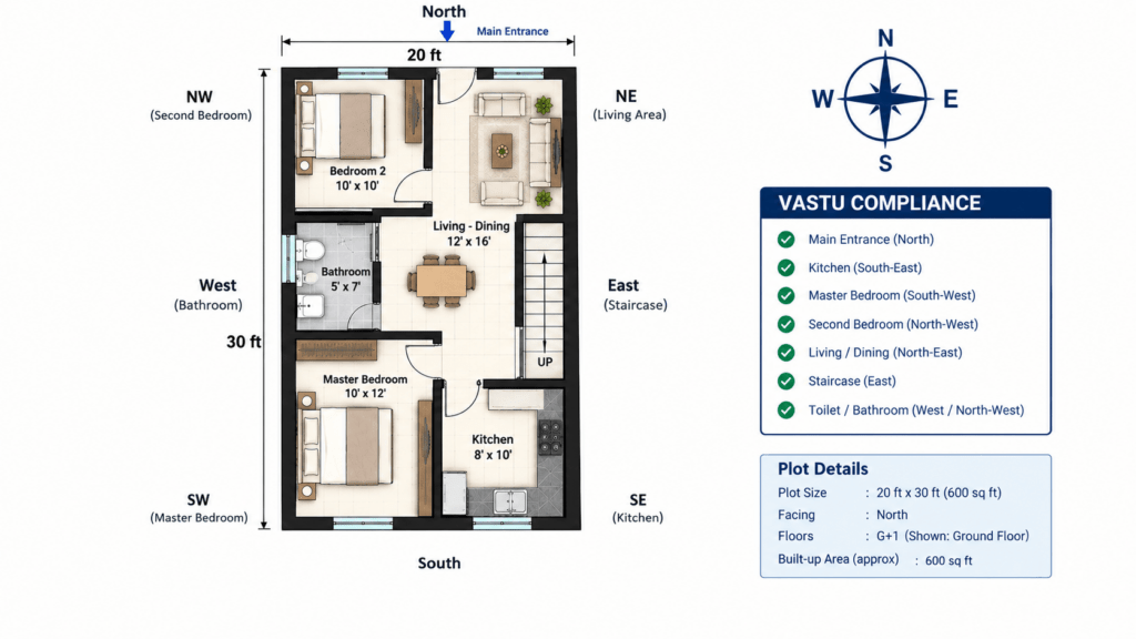 North-facing Vastu floor plan for a 20x30 house with room directions marked