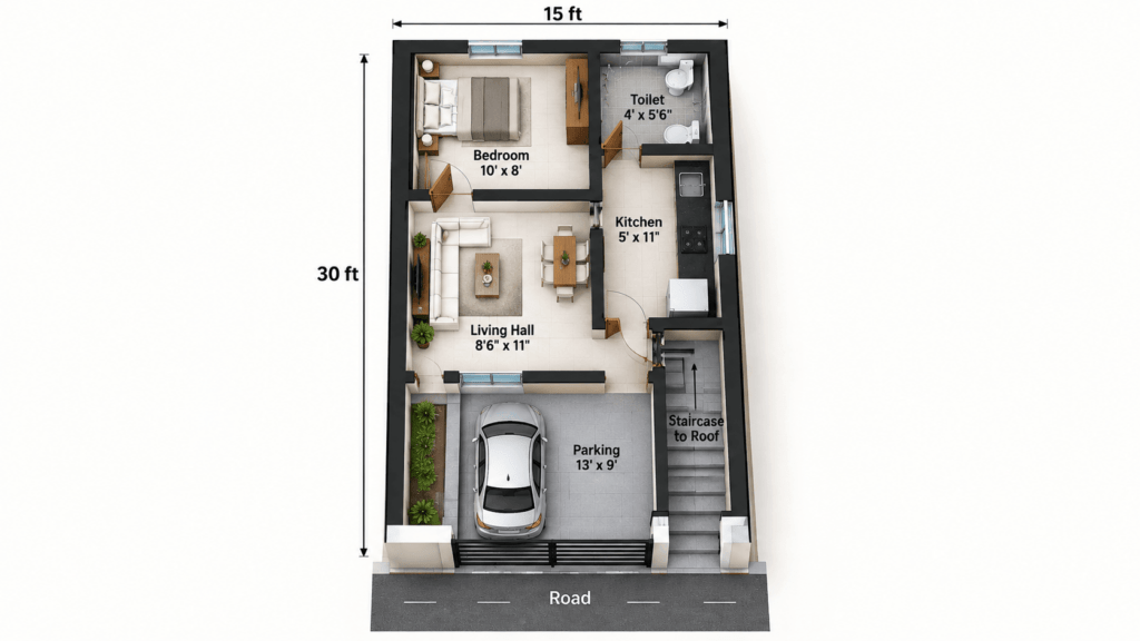 15 x 30 single floor house plan layout with room dimensions