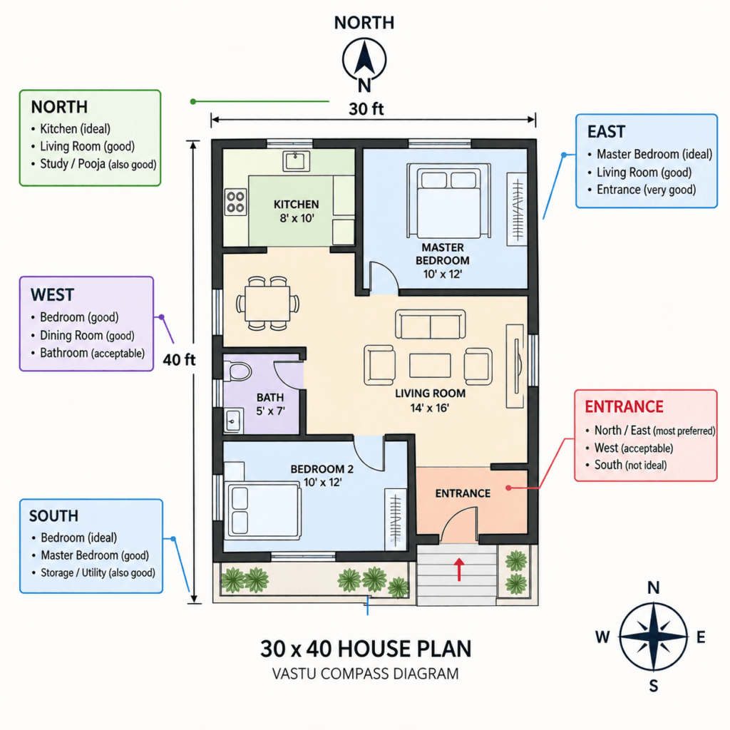 Vastu compass diagram for 30x40 house plan