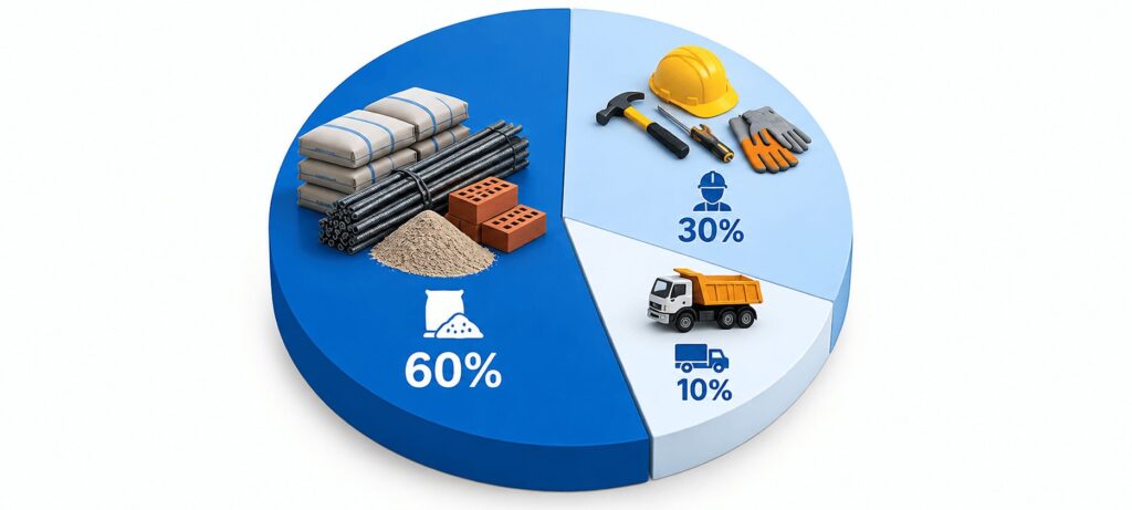Construction cost in Bangalore material versus labor split chart