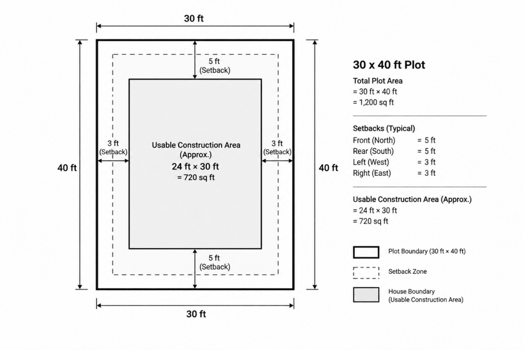 30x40 plot diagram showing setback lines and usable construction area in square feet
