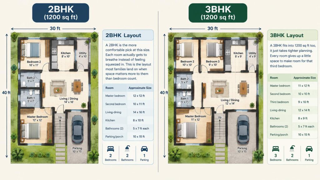 1200 sq ft 2BHK versus 3BHK house plan comparison
