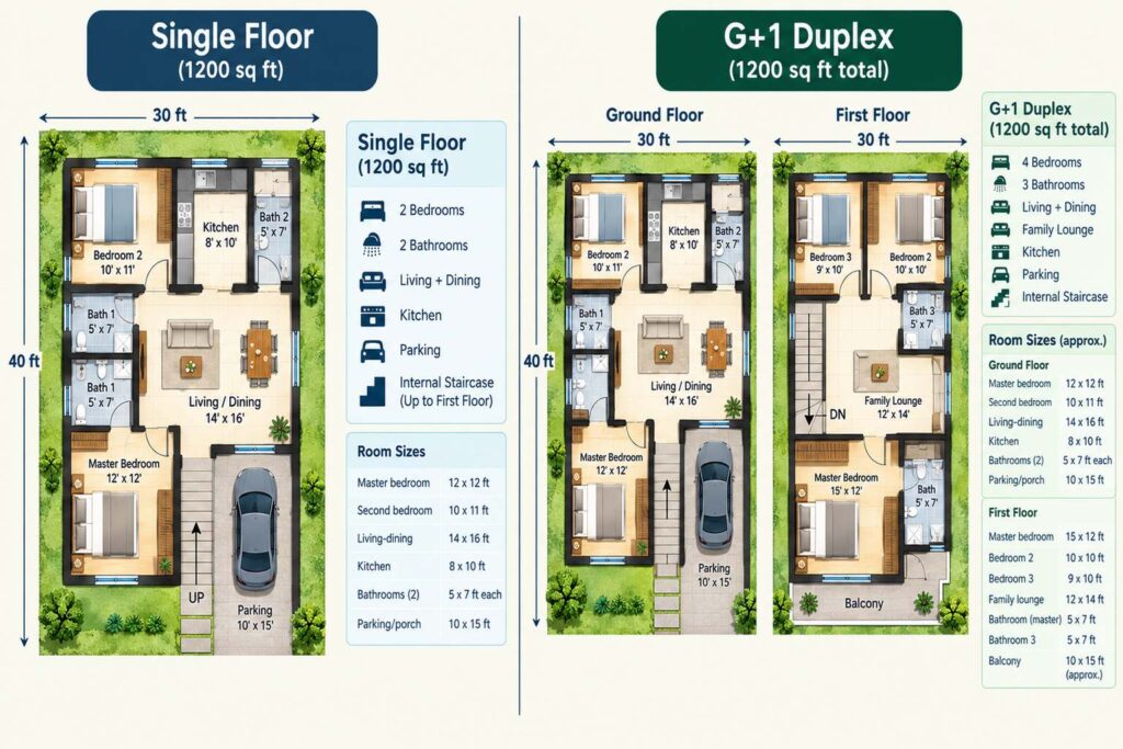 1200 sq ft single floor versus G+1 duplex house plan comparison